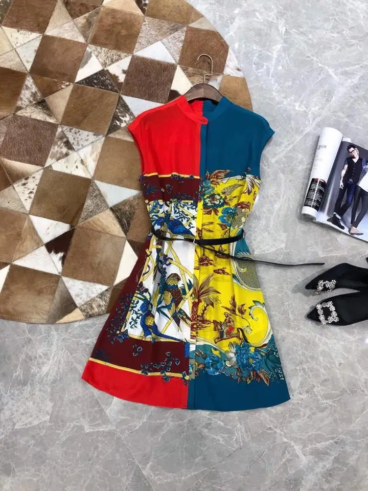 

2019 new ladies fashion sleeveless lace-up stitching retro printed silk dress 0528
