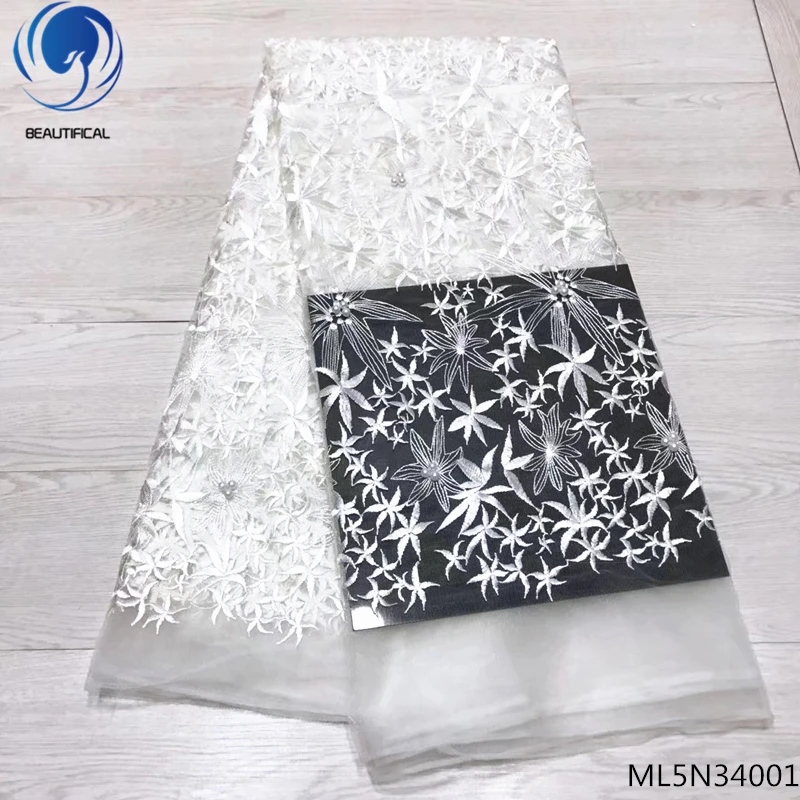 

Beautifical lace fabrics white french tulle lace fabrics with beads 2019 high quality laces dress for wedding 5 yards ML5N340