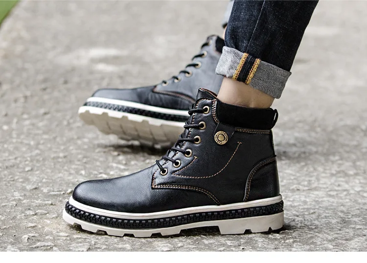 Merkmak/зимние мужские теплые ботинки; теплые хлопковые мужские кожаные ботинки в стиле милитари; нескользящая мужская обувь на плоской подошве; мужские уличные ботинки