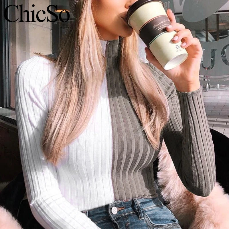 

MissyChilli Patchwork casual turtleneck sweater women Autumn winter long sleeve slim pullover Female knitted warm sweater jumper