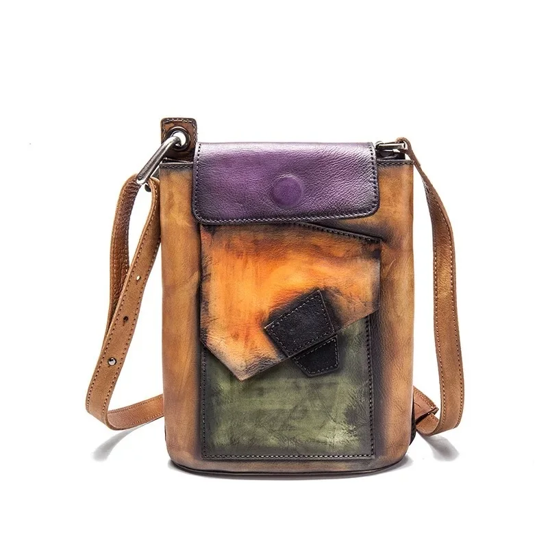 

Unique Color-mixing Designer Genuine Cow Leather Girls Mini Bucket Bag Messenger Bag Women's Small Phone Bag Cross Shoulder Bag