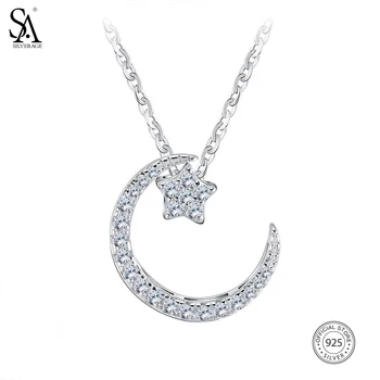 SA SILVERAGE 925 Sterling Silver Moon Star Pendant Necklaces For Women AAA Zirconia Chokers Necklaces Fine Jewelry Silver Choker