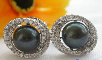 

hot sell new - free shipping 13377 AA++ New Style 11MM black PEARL mount SILVER EARRING