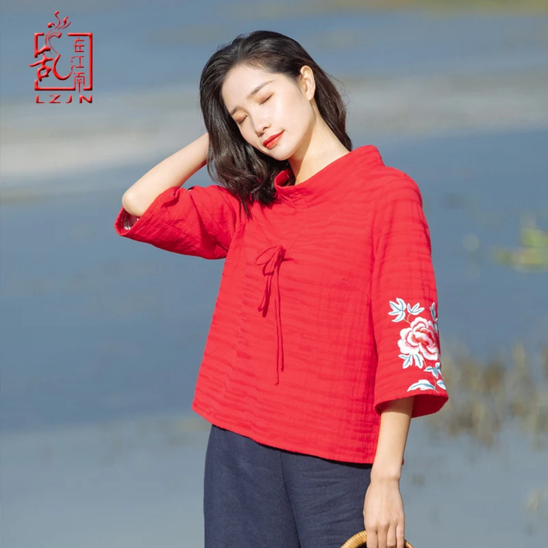 

LZJN Women Tunic Blouse 2019 Spring Summer Basic Shirt Chinese Style Turtleneck 3/4 Sleeve Ladies Red Embroidery Sweatshirt Tops