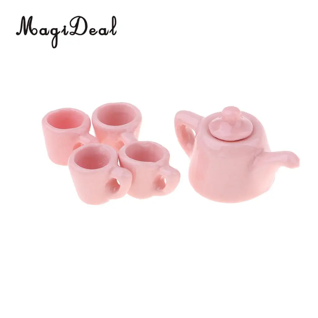 5 Pieces 1/12 Dollhouse Miniatures Dining Ware Porcelain Tea Cup Set Kitchen Accessory Pink