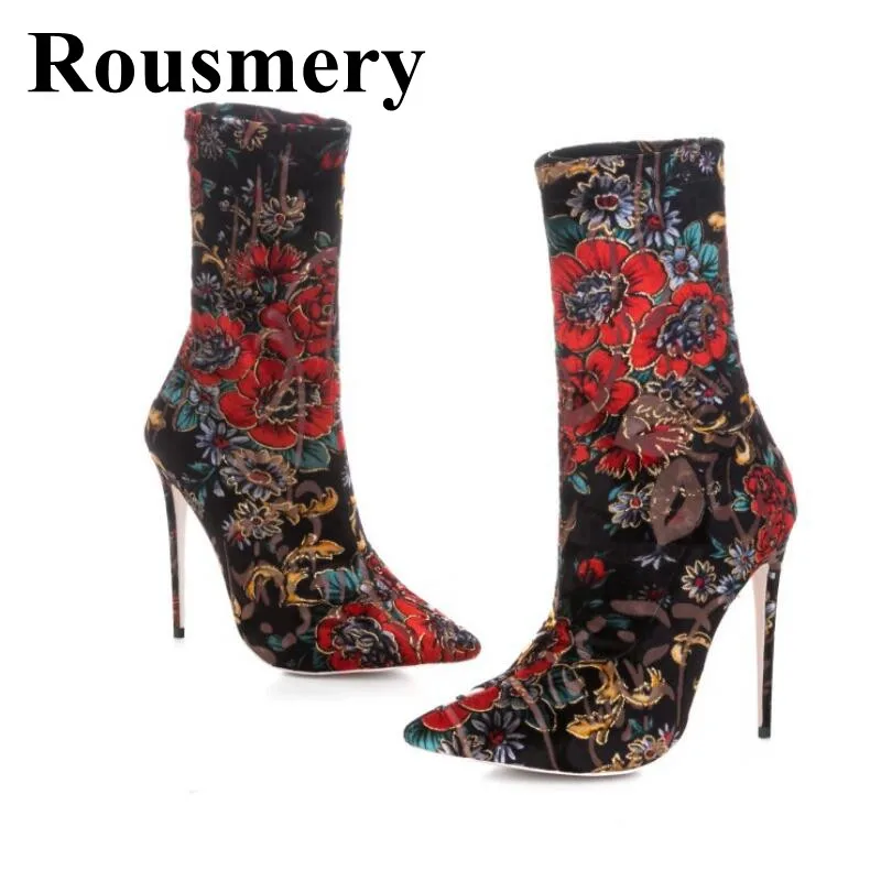

Newest Vintage Print Stretch Boots Fashion Thin High Heel And Pointed Toe Ankle Shoes Spring And Autumn Women Boots