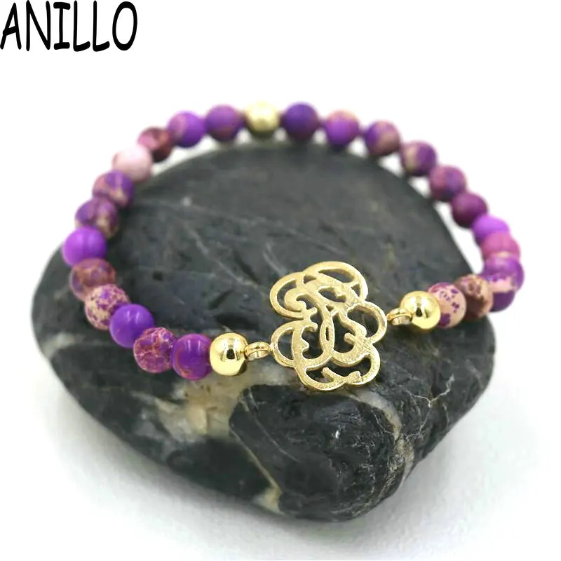 

ANILLO Women Plant Bracelet AAA+ Natural Imperial Stone Purple Stainless Steel Hollow Out Plant Strand Bracelets Jewelry