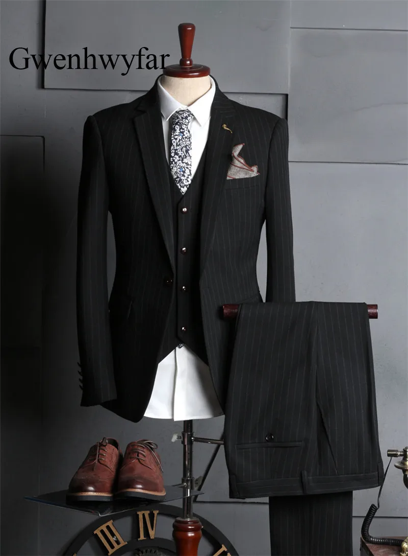 Us 9148 34 Offgwenhwyfar 2018 Costume Mariage Homme 3 Piece Suit High Quality Stripe Black Jacketvestpants Men Suit For Wedding Groom Tuxedo In