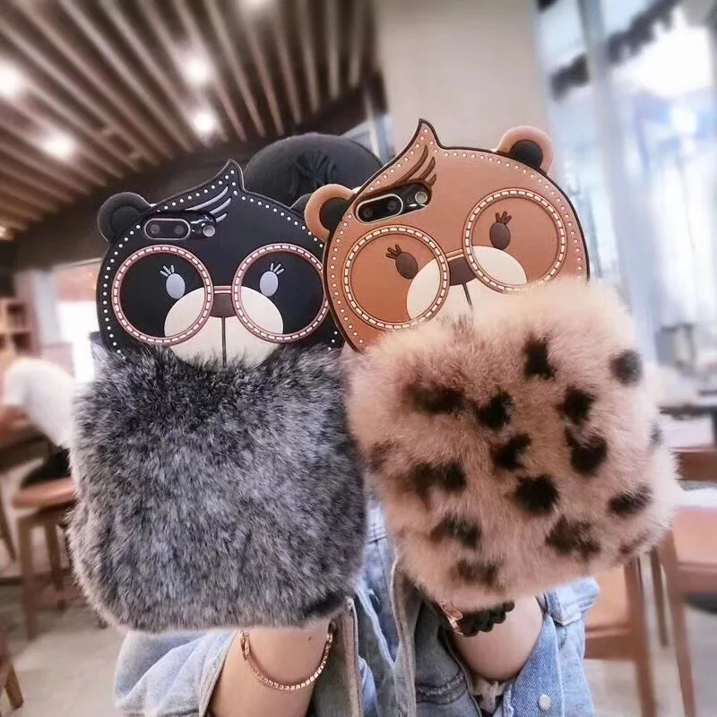 

For iPhone XS Max XR X 8 7 6 6S Plus Cover Cute Bear Fur Leopard Fluffy Case