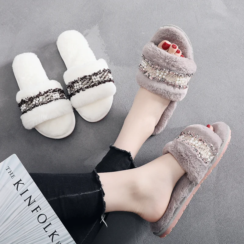 

Pearl 2019 New Winter Imitation Rabbit Plush Fur Word Slippers Indoor Slippers Non-slip Cute Home Cotton Slippers Women