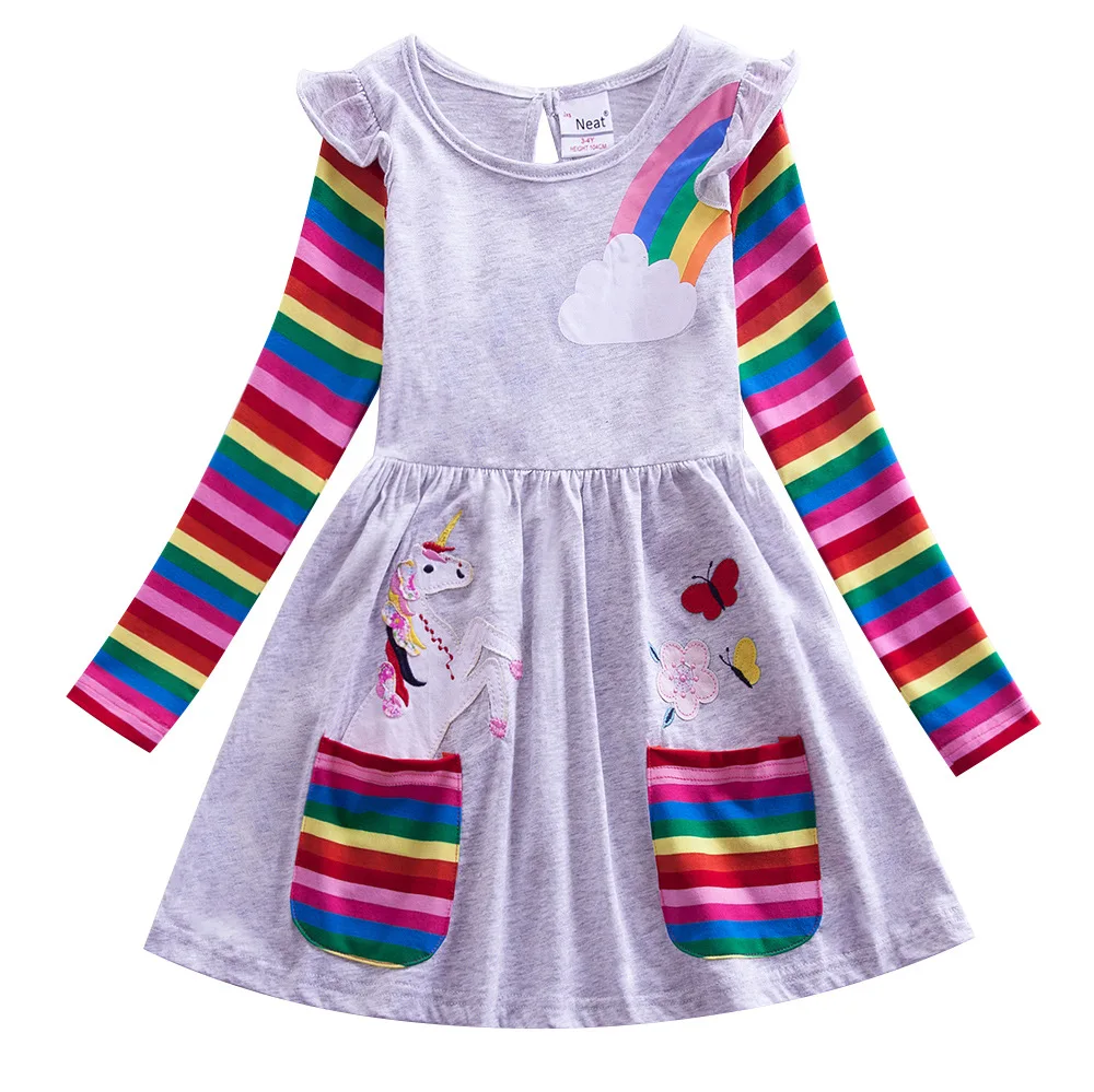 

Children New Girls Dress Fashion Round Neck Pocket Long Sleeve Unicorn Rainbow Print Girl Dresses Autumn Kids Clothing Vestidos