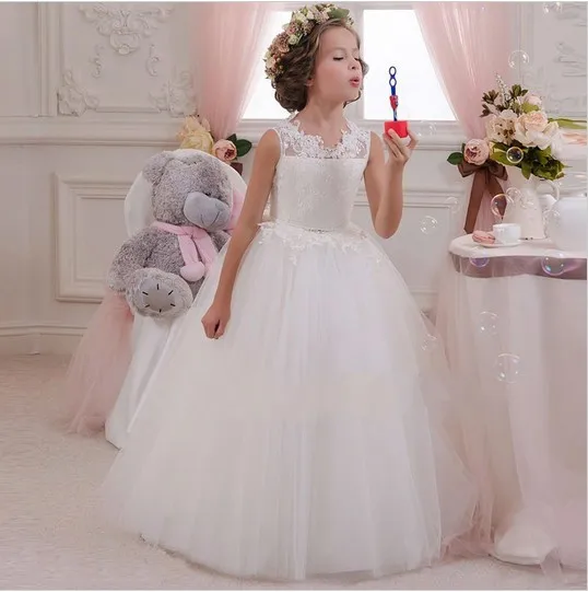 2017 White Flower Girl Dress Kids Ball Gowns First Communion Dresses Pageant Girls Glitz Scoop Sleeveless Floor length Tulle | Свадьбы и