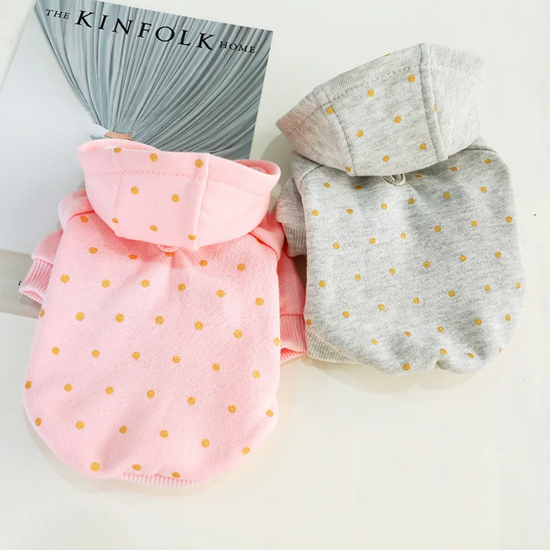 

Dog Hoodie Spring and Autumn Polka Dots Pet Sweatshirt Leash Hole Dog Clothes Cat Jacket Puppy Costume