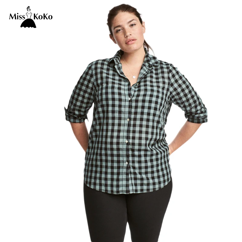 Misskoko Casual Plus Size Plaid Shirts Women Long Sleeve Pocket Single Buttons Blouses Female Loose Tops Lady |