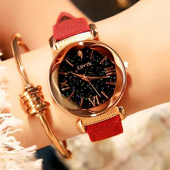 

Women's Watches Brand Luxury Fashion Ladies Watch Flower Glass Starry Sky Rose Gold Dial Leather Wrist Watches pulseira feminina