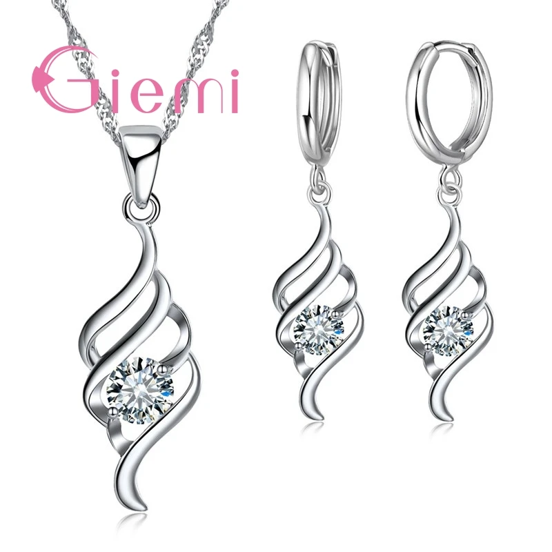 Nice Solid 925 Silver Jewelry Sets for Women Wedding Engagement Party CZ Angel Wings Pendant Necklace Hoop Earrings Set