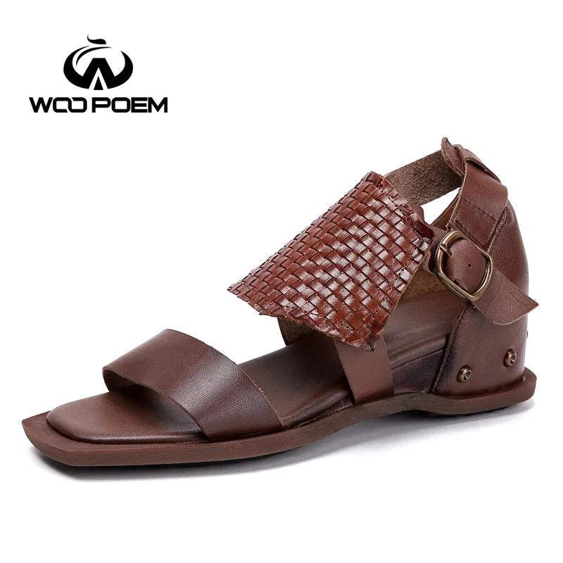 

WooPoem Summer Shoes Woman Genuine Leather Cow Leather Sandals Women Med Heel Wedges Retro Sandale Femme Rome Shoes 2239-A12