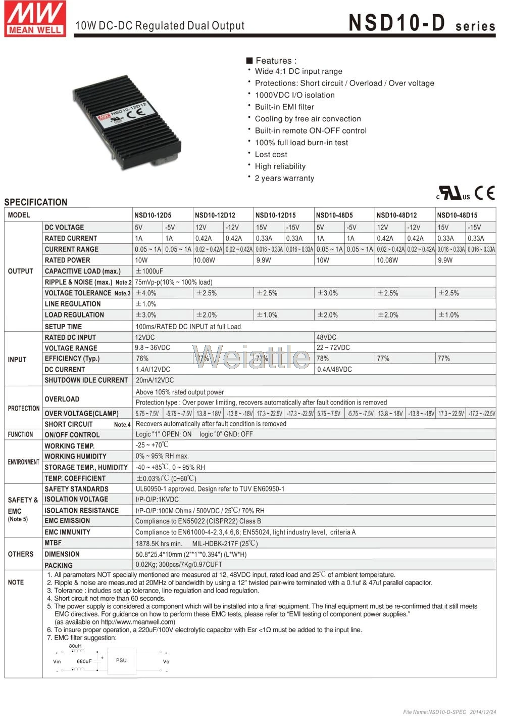 Средний проверенный NSD10-12D5 5 V 2A meanwell NSD10 5 V 10 W Regulated Регулируемый двойной выходной преобразователь