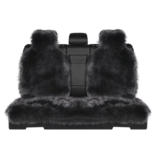 3pc long faux fur the back car seat cover color black white gray black