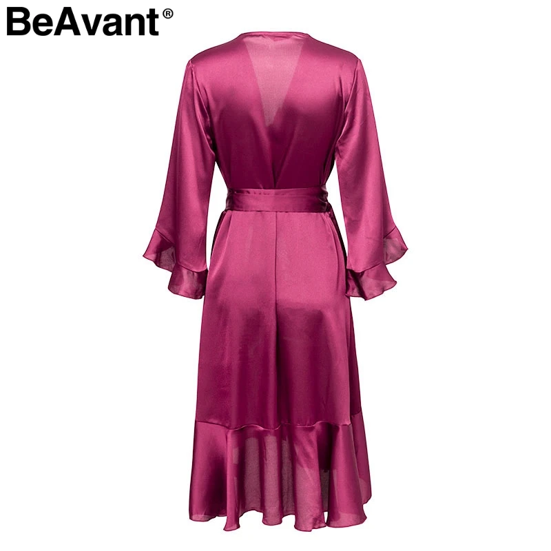 BeAvant Elegant ruffle satin causal dress autumn 2018 Split flare sleeve midi wrap dress V neck streetwear women dress vestidos BeAvant Elegant ruffle satin causal dress autumn 2018 Split flare sleeve midi wrap dress V neck streetwear women dress vestidos