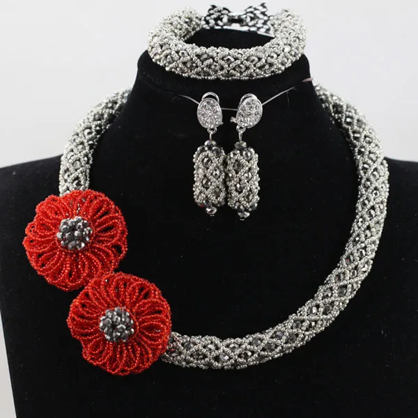 African Fashion Jewelry Set Red Flower Pendant Necklace Set Choker Bride Beads Jewelry Set Gift QW1061 African Fashion Jewelry Set Red Flower Pendant Necklace Set Choker Bride Beads Jewelry Set Gift QW1061