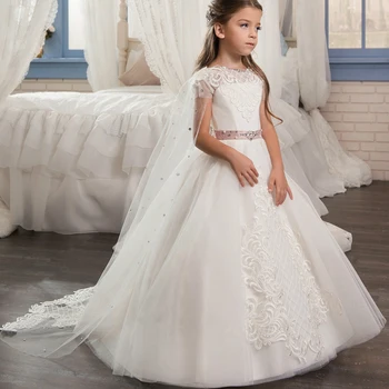 

Unique Flower Girl Dress with Cape Appliques Belt Crystals for Wedding Tull Ball Gowns Vestidos De Novia First Communion Gowns