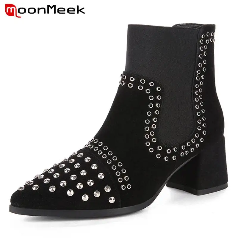 

MoonMeek HOT 2020 fashion rhinstone kid suede leather boots rivet ankle boots pointed toe square thick heels boots