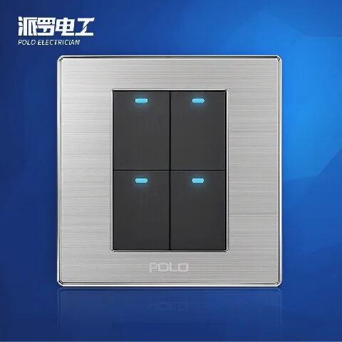 

Free Shipping, POLO Luxury Wall Light Switch Panel, 4 Gang 2 Way, Champagne/Black, Push Button LED Switch, 10A, 110~250V, 220V