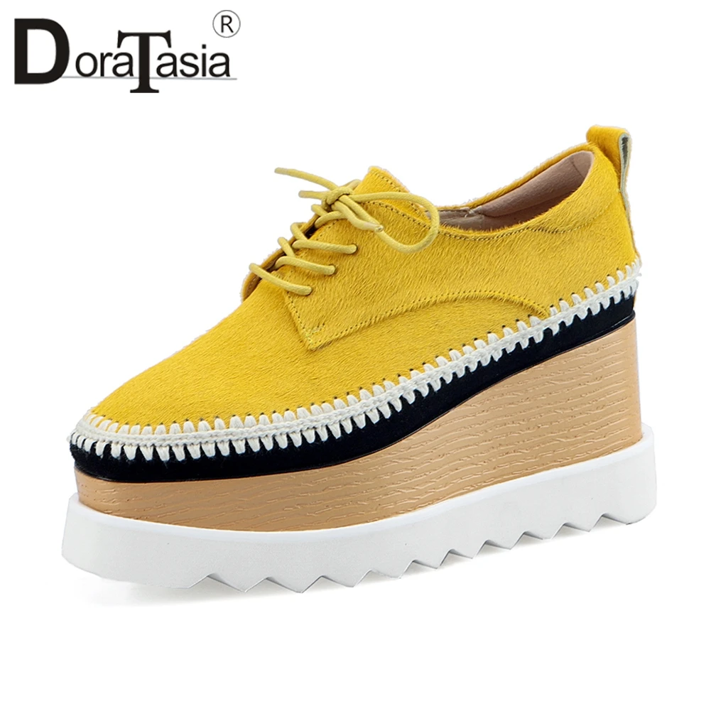 

DORATASIA 2019 Spring New Fashion Horsehair Flat Platform Shoes Women lace-up Sewing Flats Girl Casual High Heel Shoes Woman