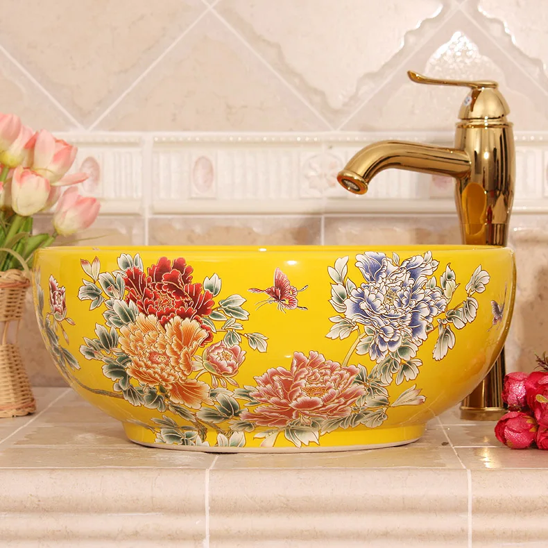 Good peony China Artistic Handmade Ceramic Lavobo Counter top Bathroom Sink Wash Basin bathroom sink yellow (10)