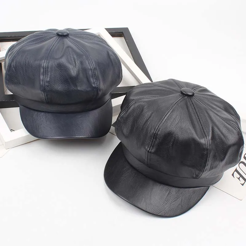 QDKPOTC осенне-зимняя высококачественная кепка газетчика из искусственной кожи женская модная восьмиугольная кепка зимняя сохраняющая теплый берет шапка