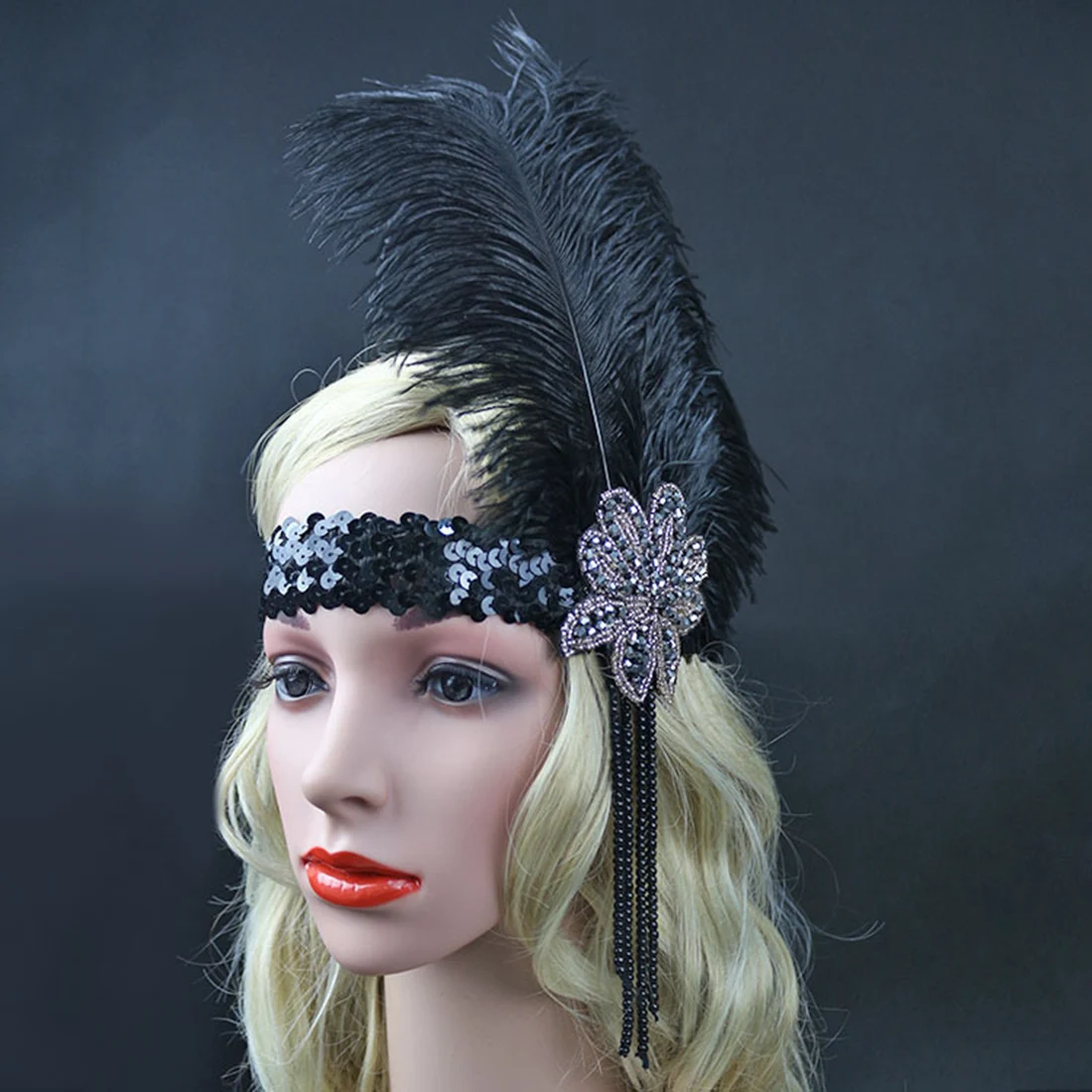 

Black Rhinestone Beaded Sequin Hair band 1920s Vintage Gatsby Party Headpiece Women Flapper peacock Feather Headband