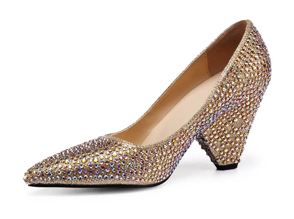 Блестящие свадебные туфли на шпильках; женская обувь со стразами; острый носок; натуральная кожа; Высокий каблук 8 см - Цвет: gold