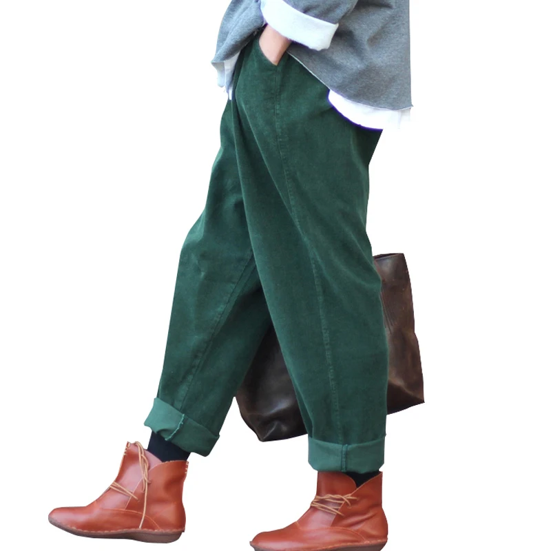 

QPFJQD 2018 Autumn Vintage Womens Corduroy Pants Winter Thicken Warm Elastic Waist Casual Loose Pleated ladies Trousers Cotton