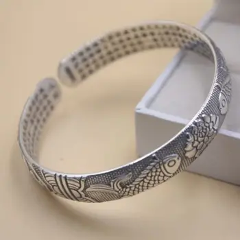 

New Pure 999 Sterling Silver 10mm Width Fish Pattern Woman's Bangle 55-60mm Dia.