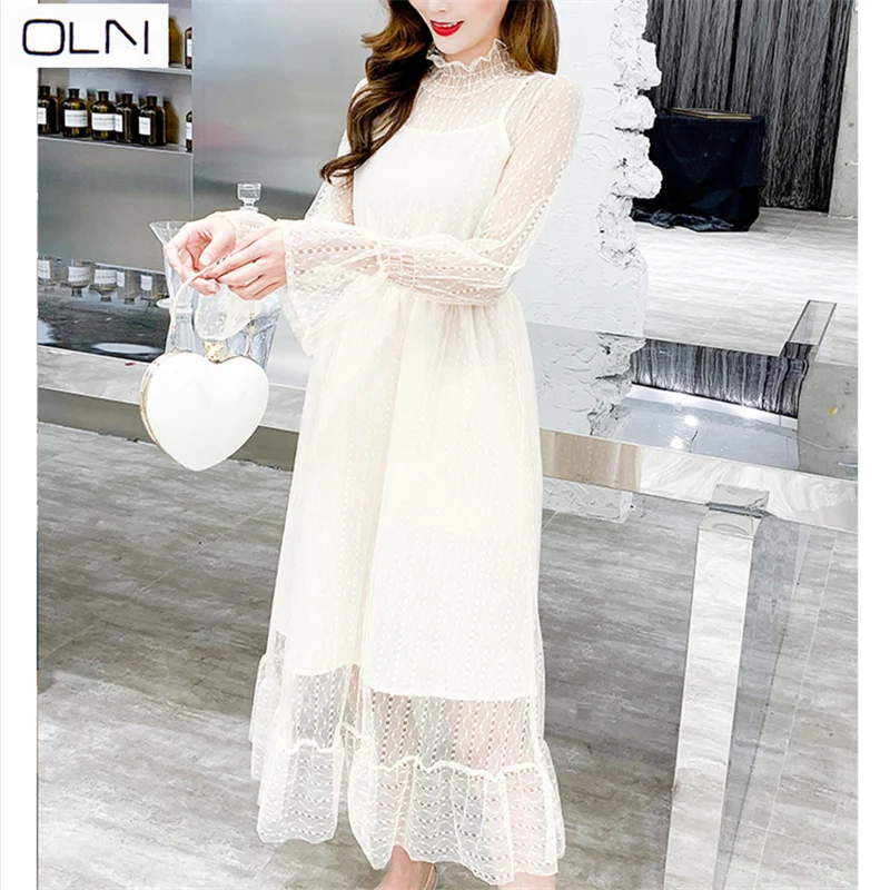 

Dress Korean OLN Summer Vestidos New Arrival lace the Bottom silk gauze dress