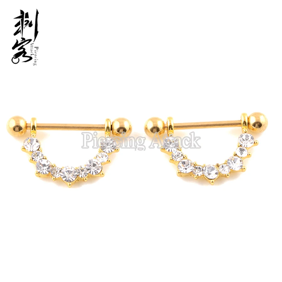 

New Arrival Gold Anodized Nipple Barbells CZ Crystal Nipple Rings Lot of 10pcs