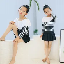 Детский купальник для девочек; коллекция года; купальный костюм; детское бикини для девочек; раздельный купальник в полоску для танцев; темно-синяя полоска; спандекс