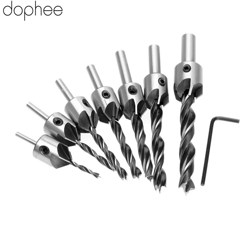 dophee Drilling Accessory HSS 5 Flute Countersink Drill Bit Set Reamer Woodworking Chamfer Power Tools High Carbon 3-10MM 7PCS