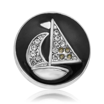 

18MM Round Black Drip Sailboat rhinestone Metal charm snap buttons KZ1041 for DIY charm snap bracelet jewelry charm wholesale