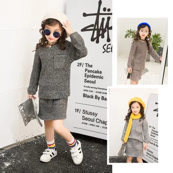 

2018 autumn and winter new girl knit pocket sweater with half skirt two suit sweater suit princess wave
