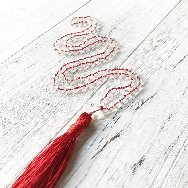 

Hand Knotted 108 Mala Beads Necklace Silk Tassel Meditation Jewelry Bright White Quartz Necklace 2019 New Style DIY Bead Jewelry