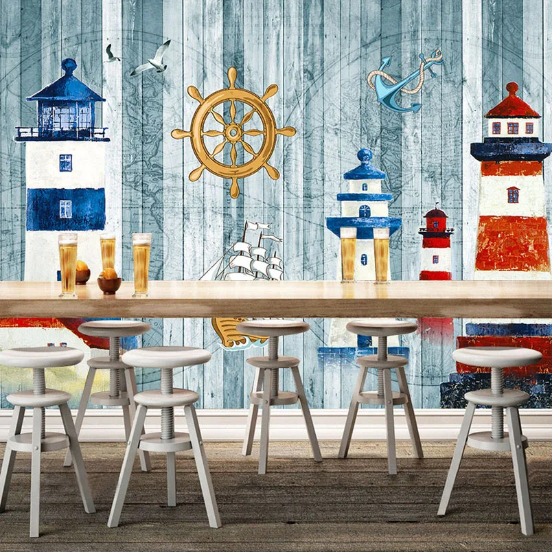 

3D Mural Custom Wallpaper Cartoon-themed Navigation Sailboat Sea Tower Wall Large Mural Paper For Kids Children's Room Backdrop