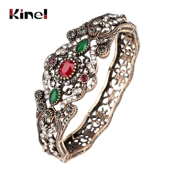

Kinel Fashion Bangle Turkish Jewelery Antique Gold Crystal Flower Charm Big Bracelets For Women Wedding Party Accessories Gift