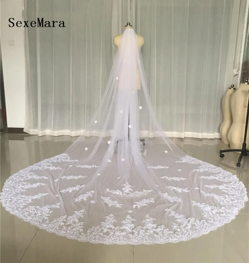 

Real Pictures White Wedding Veils 3 Meters Long Cathedral Length Lace Appliqued Netting Bridal Veil With Comb High Quality