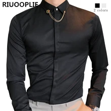 RIUOOPLIE Мужчины сплошной цвет бизнес отдыха Скрытая пряжка с длинным рукавом Slim Fit рубашки