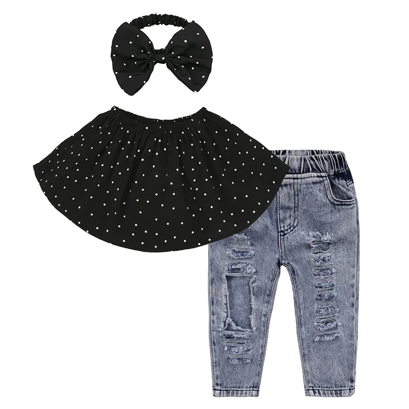 Комплекты одежды для девочек в горошек без рукавов Майки рваные джинсовые штаны повязка на голову комплект одежды из 3 предметов для маленьких девочек