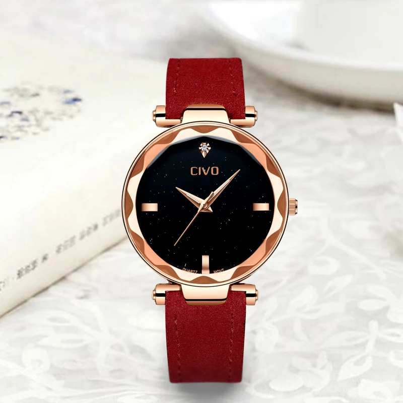 

CIVO Red Fashion Elegant Women Quartz Watch Luxury TopBrand Diamond Ladies Wrist Watches Reloj Mujer Genuine Leather Woman Clock
