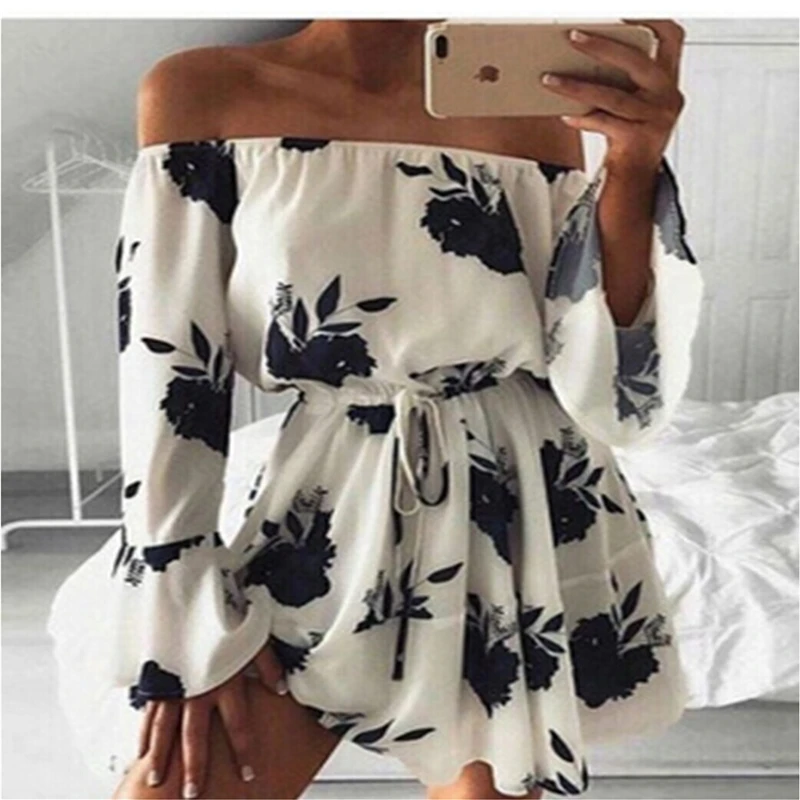

3 Styles Off Shoulder Print Romper Women Sexy High Waist Autumn Chiffon Playsuit Boho Beach Overalls