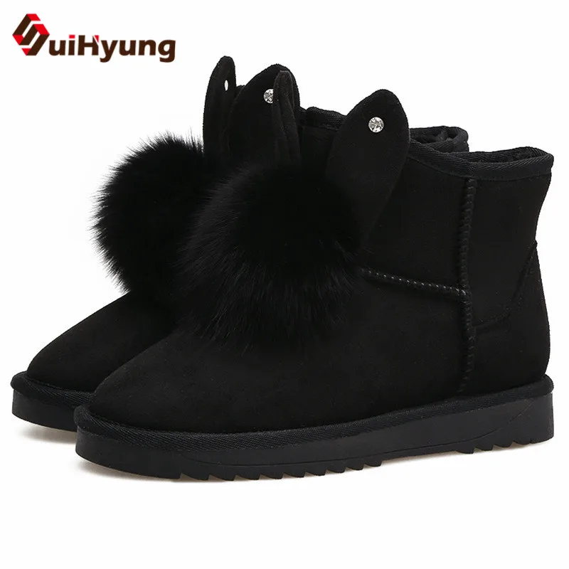 

Suihyung New Women Snow Boots Quality Suede Mid-Calf Flat Boots Plush Fleece Cotton Shoes Casual Slip On Fur Hairball Warm Botas